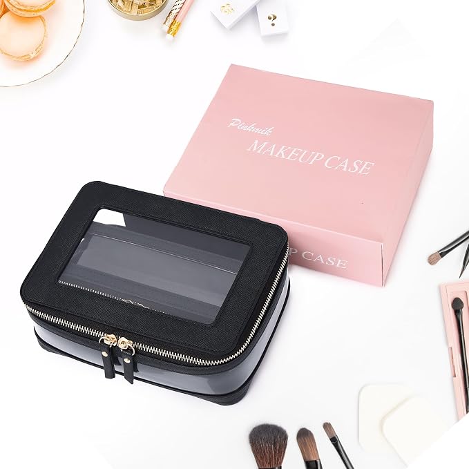 Pinkmik Clear Makeup Bag with Brush Case Travel Toiletry Bag Waterproof Cosmetic Organizer Car Essentials for Women (Black, M+SLIM-1) - Image 7