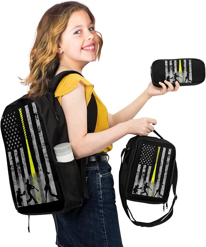Giwawa Baseball American Flag Backpack Set 3 Pcs Patriotic USA Sporty Lightweight Bookbag Insulated Lunch Box Organizer for Athletes Students Sports Events Study Back to School Day Travel - Image 7