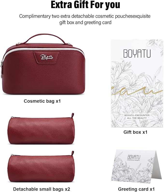 BOYATU Travel Makeup Bag Cosmetic Bags for Women: Large Capacity 3 Pcs Set Make up Bag with Compartments - Waterproof Vegan Leather Toiletry Organizer Bags with Handle (L29Red) - Image 6