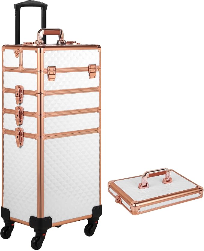 Somduy Rolling Makeup Case, Makeup Train Case with Lid, 5 in 1 Cosmetology Case on Wheels, Christmas Gift, Large Makeup Organizers, Profesional Cosmetic Case for Salon Barber, White Gold - Image 9