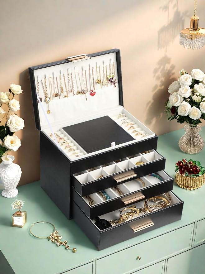 BOOVO Jewelry Boxes for Women, White and Black 6 Layer Large Jewelry Box for Necklace, Bracelet, Earrings, Rings Storage, Jewelry holder Organizer for Girls Gift (Black, 5 Layer) - Image 7