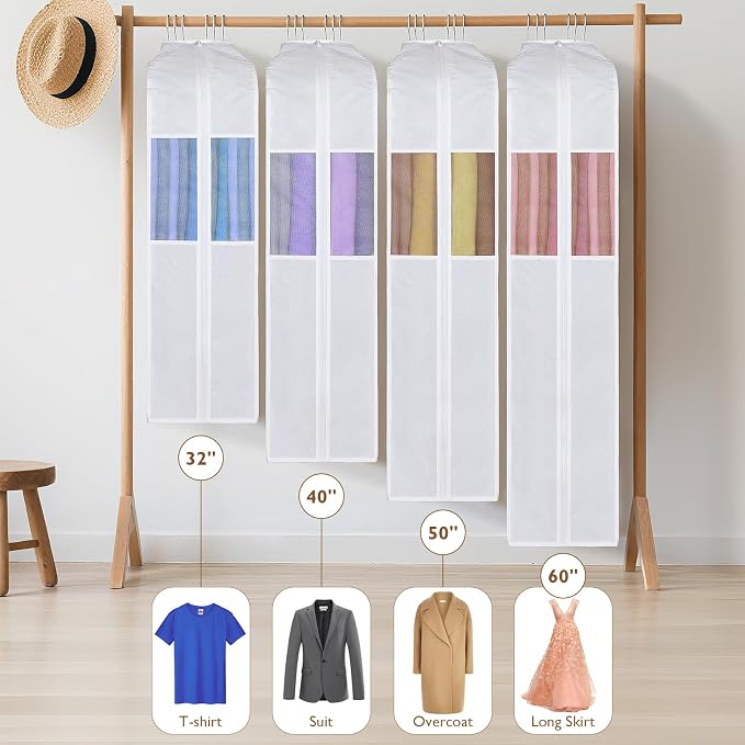 Univivi Premium Cotton Garment Bags for Hanging Clothes and Storage, 60 Inch Washable Dress Bags for Gowns Long, Full Zipper Dust Cover with Extra Large 10" Gusset & Clear Window - 4 Pack - Image 7