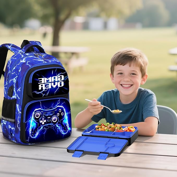 Bevalsa Kids Backpack for Boys with Bento Lunch Box, Insulated Bag & Utensils, 43oz Lunch Containers with 6 Compartment, Gamer Backpack School Bags for Elementary Middle School Student (Lightning) - Image 8
