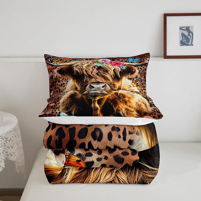 Erosebridal Kids Highland Cow Bedding Set Full Size, Boys Teens Leopard Print Comforter Set Girls Butterfly Western Cowboy Duvet Insert Bull Cattle Flower Duvet Sets Soft for Bedroom Decor, Brown - Image 5