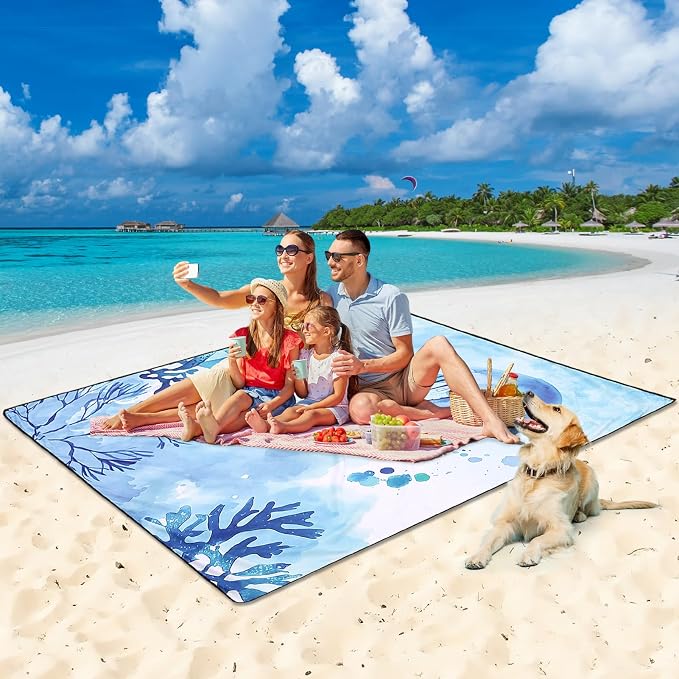 Beach Blanket Sandproof Extra Large Beach Mat Adults Waterproof Quick Drying Sand Free Mat Made By Premium Polyester With 4 Stakes & 4 Corner Pockets For Outdoor Travel Camping Hiking - Image 6