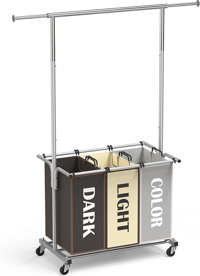 Simple Houseware 3 Bags Laundry Sorter Cart with Hanging Rod, Multi Color | Extendable Width from 30.6 to 48", Removable 3-Section Laundry Basket - Image 9