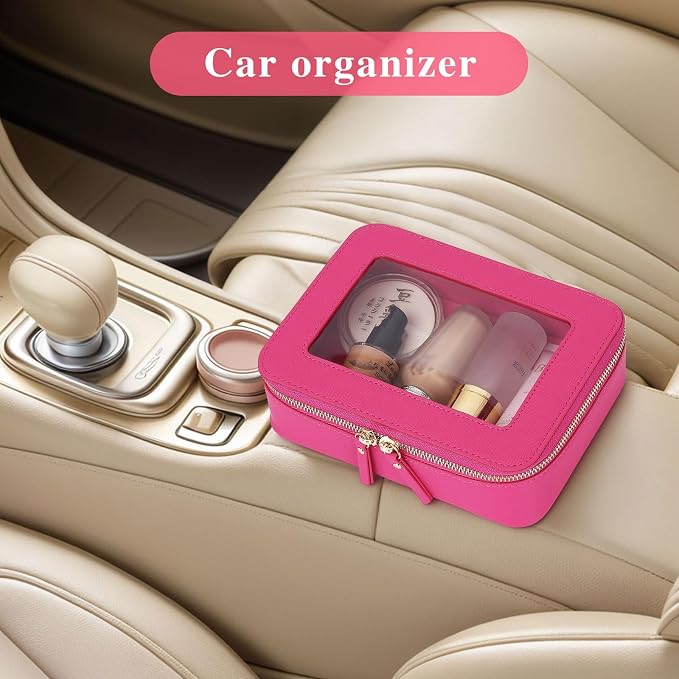 Clear Travel Makeup Bag with Brush Case Portable Transparent Cosmetic Bag and Toiletry Bag Waterproof Makeup Organizer with Zipper Car Essential for Women (Fuxia, M+Slim) - Image 7