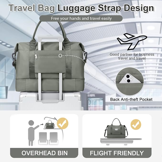 Weekender Bags for Women, Travel Duffel Bags with Shoe Compartment & Wet Pocket,Personal Item Travel Bag for Airlines,Carry on Overnight Tote Bag for women,3Pcs Set,Olive Green - Image 7