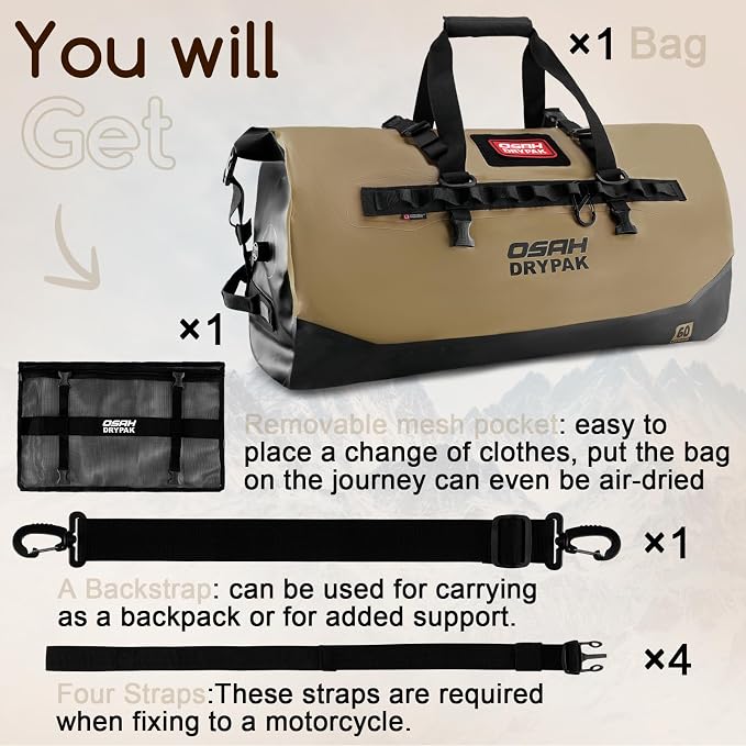 OSAH DRYPAK Waterproof Duffel Bag 25L/40L/60L – Heavy-Duty Motorcycle Tail Bag, Roll-Top Dry Bag for Travel, Camping, Boating, Kayaking, Outdoor Adventure - Image 8