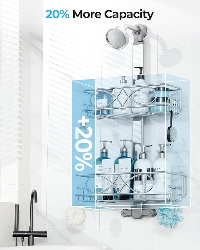 ODesign 2 Tier Aluminum Shower Caddy Rustproof Hanging Adjustable Silver | Shower organizer hanging,no drilling required,comes with removable hook and storage box, suitable for indoor showers - Image 9