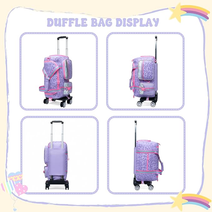 Girls Rolling Duffel Bag with Wheels - Travel Bag for Kids, Overnight, Dance & Gym Use with Shoe Compartment - Image 6