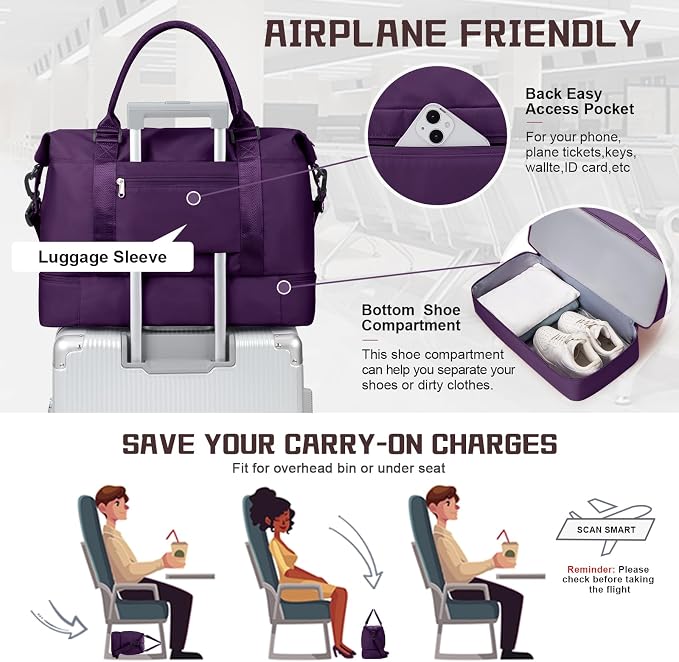 Travel Duffel Bag with Shoes Compartment, Overnight Weekender Bags for Women, Carry on Personal Item Travel Set,Extra Large(Dark Purple) | Overnight Carry-On Bag with Toiletry Bag & Wet Pocket & Trolley Sleeve,Extra Large - Image 7