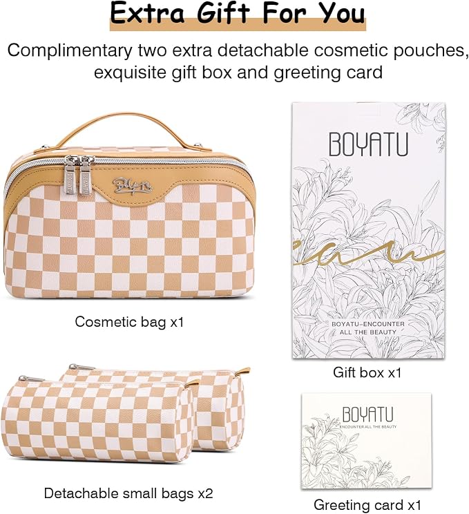 BOYATU Travel Makeup Bag Organizer Cosmetic Bag: 3 Pcs Set Make up Bags for Women with Handle - Waterproof Vegan Leather Toiletry Bag (01-G-Apricot) - Image 8
