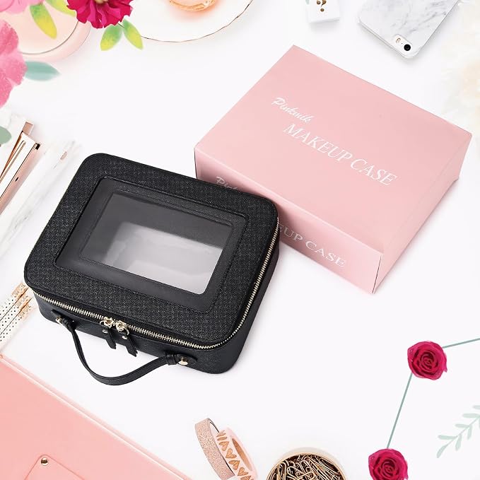 Pinkmik Clear Makeup Bag for Women Waterproof Travel Cosmetics and Toiletries Case Portable Makeup Oaganizer Bag Clear Car Bag with Zipper (Black, M+L) - Image 8