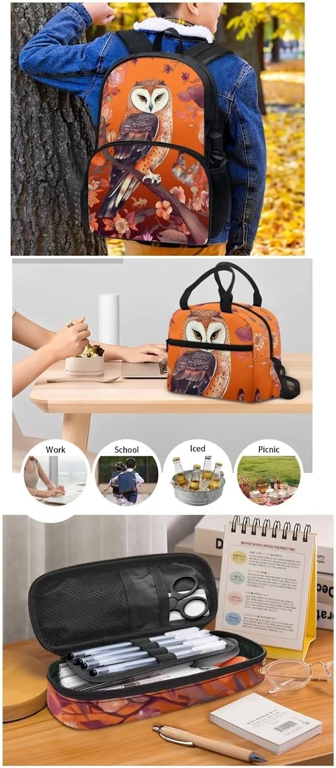 Cute Orange Floral Owl Backpack Set for Girls Kids Lightweight Cute School Backpack with Lunch Box Pencil Case Adjustable Strap Padded Book Bag Insulated Lunch Bag - Image 5