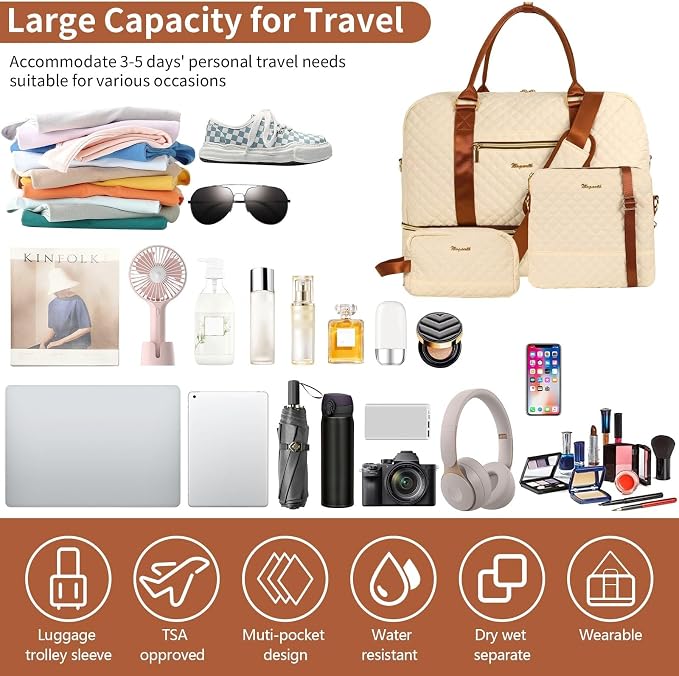 Wogarl 3PCS Weekender Bags for Women Large Overnight Bag Weekend Travel Duffel Bag Carry on Shoulder with Shoe Compartment Canvas Toiletry Bag for Travel Business Gym,Beige - Image 7