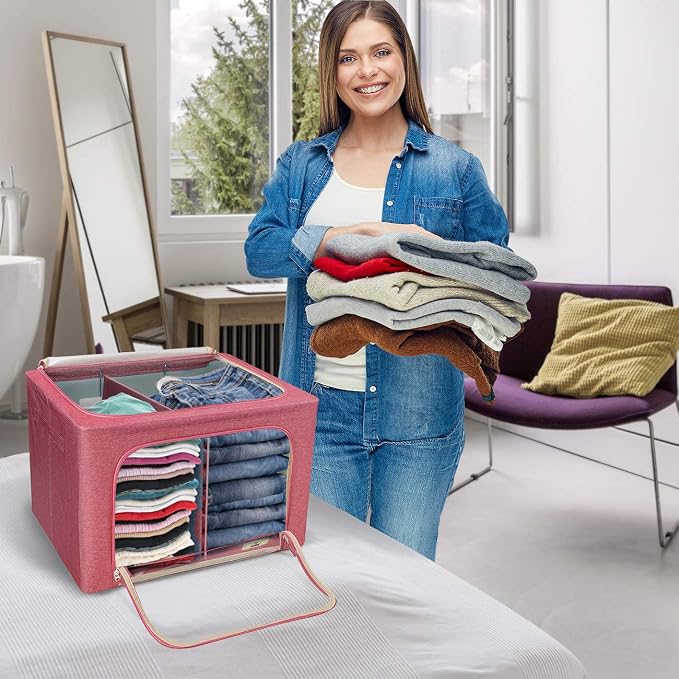 Sorbus Storage Bins with Divided Interior - Large Stackable & Foldable Organizer Containers with Metal Frame, Oxford Fabric, Large Window & Carry Handles - Organization for Bedroom, Linens & Clothes - Image 4
