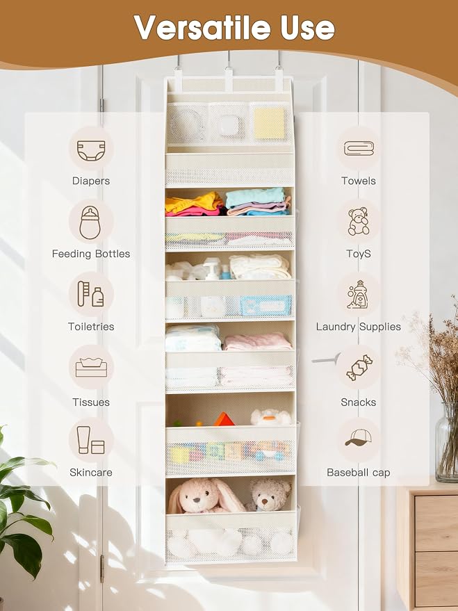 Criusia 2 Pack Over the Door Organizer, 6-Shelf Closet Hanging Storage with 13 Mesh Pockets, 55lbs Capacity Behind the Door Storage for Baby Nursery, Bathroom, Bedroom, and Dorm, Beige - Image 9