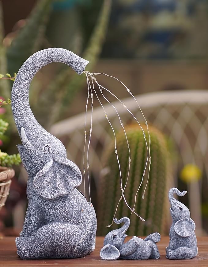 Qeeman Solar Elephant Statue Family Set 3Pcs: IP44 Weatherproof Outdoor Tricolour LED Lights Decor - Paths Patio Backyard Garden Sculpture Ornament for Mom Grandma Women