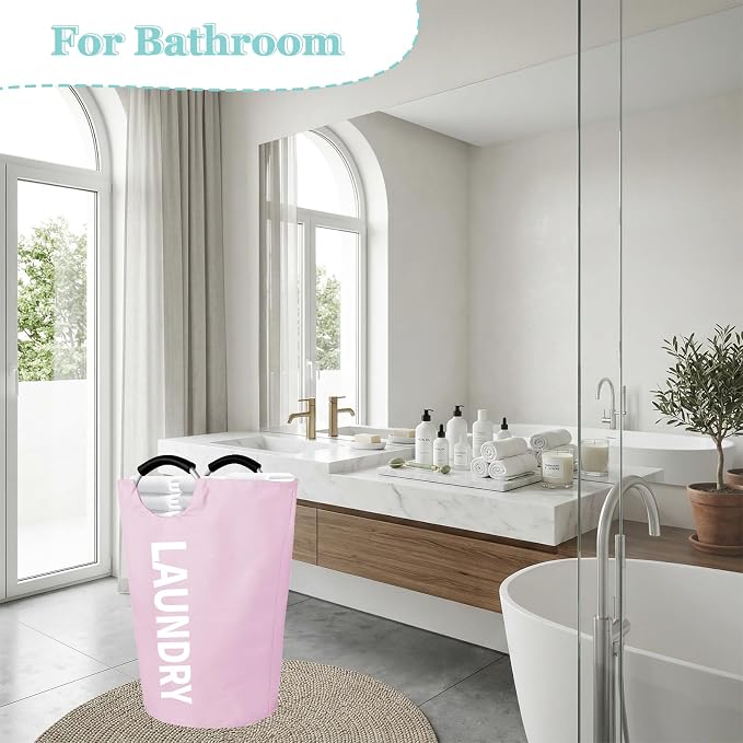 WOOHA 125L Large laundry basket,Collapsible laundry hamper, Tall Clothes Baskets Folding Washing Bin Foldable Fabric Hamper Bags for Bedroom, Closet,Bathroom,College,laundry bag,pink - Image 9
