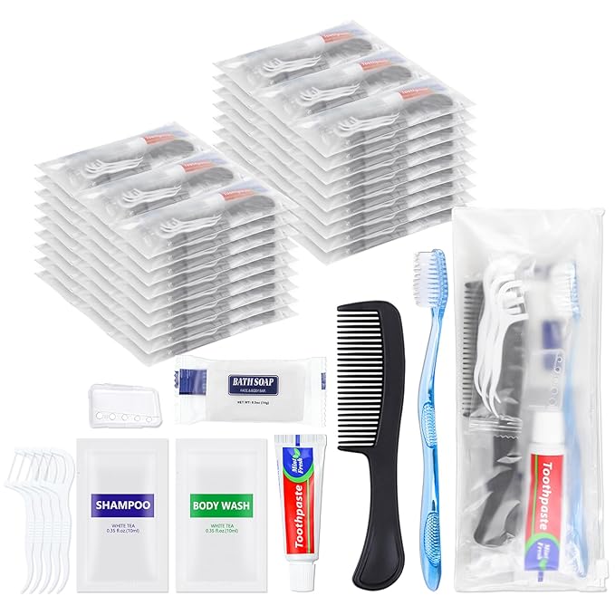25 Sets Personal Hygiene Kit Basic Toiletry Kits Homeless Supplies Bulk for Travel,Charity,Business Include 25 Toothbrush,25 Toothpaste,25 Comb,25 Bath Soap, 25 Shampoo,25 Body Wash, 125 Floss Picks