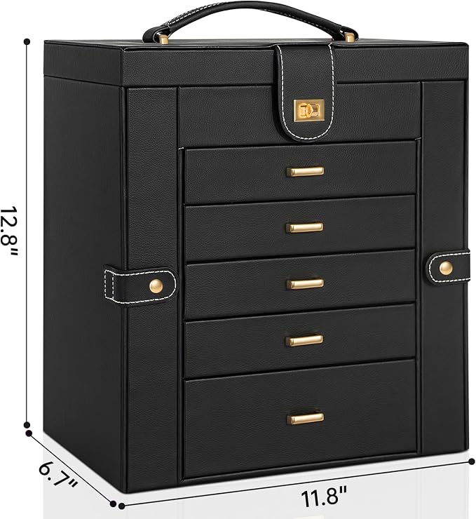 AKOZLIN 6-Tier Jewelry Box Organizer Functional 5 Drawers Leather Jewelry Storage Case for Women Girls Ring Necklace Earring Bracelet Holder Organizer with Mirror Extra Large BlackBlue - Image 7