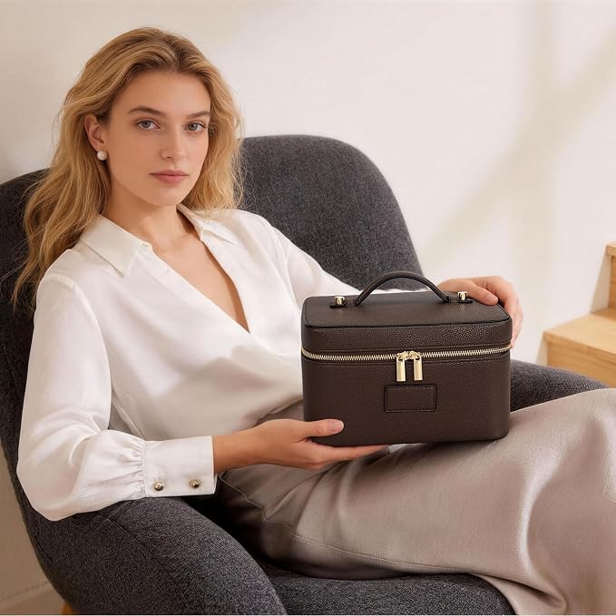 HiTotes Makeup Bag Large Vanity Case for Women Travel Cosmetic Bag Makeup Case Organizer Leather Travel Toiletry Bag - Image 7