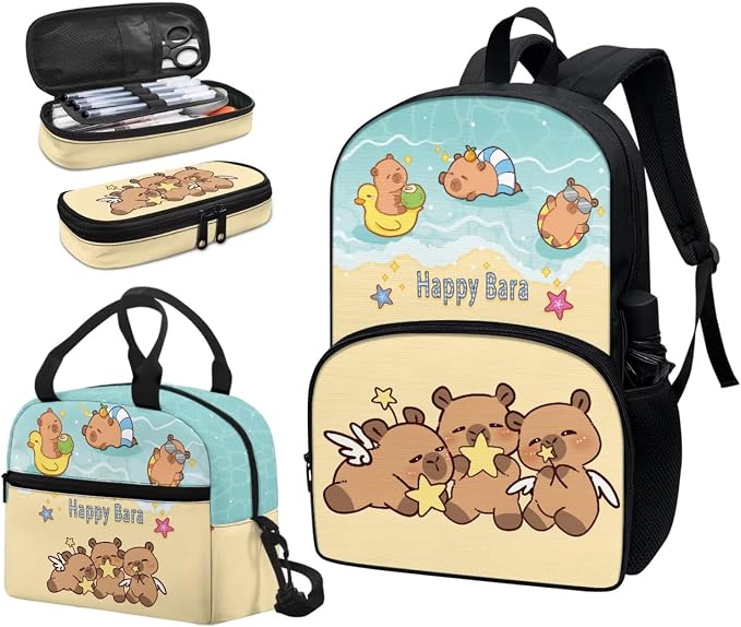 Capybara Happy School Backpack for Girls, 3Pcs Students Backpack, Elementary Bookbag Sets with Lunch Box Pencil Case for School - Image 6