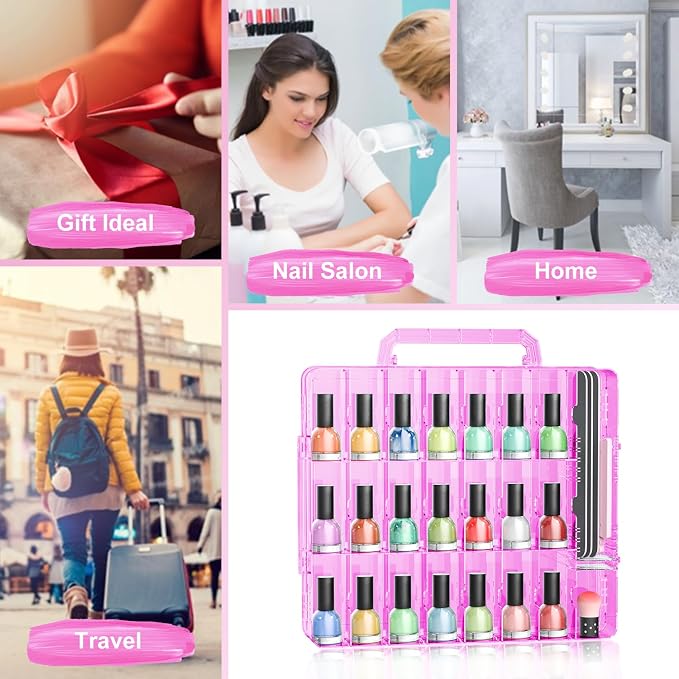 JIASHENG Nail Polish Organizer Case for 48 Bottles Gel Nail Polish Storage | Double Side Adjustable Space Divider for Acrylic Nail Gel Dip Powder Tips Set with Two Toe Separator, Pink - Image 6