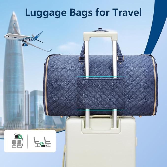 Garment Bags for Travel, Convertible Suit Travel Bag for Women, Stylish Carry On Garment Bag with Toiletry Pocket, Shoulder Strap & Shoes Compartment, 2 in 1 Foldable PU Leather Duffle Bag, Navy Blue - Image 9