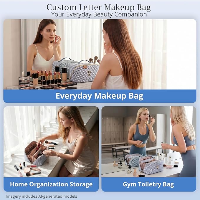 Personalized Gift Travel Makeup Bag: Initial Makeup Organizer Bag for Women | 3-in-1 Custom Make up Bag Set - Vegan Leather Travel Cosmetic Bag - Luxury Gift for Women – Birthday, Anniversary, Graduation - Image 9