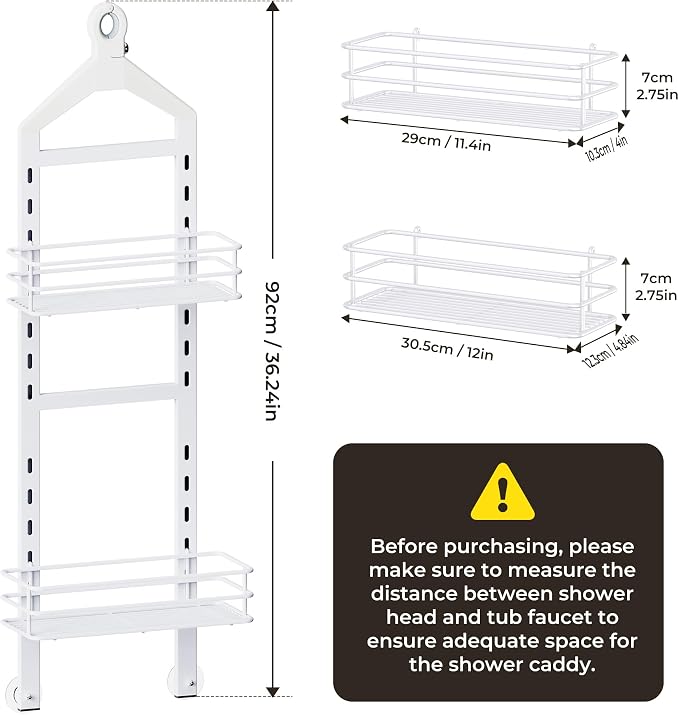 Orimade Adjustable Anti-slip Shower Caddy over Shower Head, Rustproof Bathroom Hanging Shower Organizer with 2 Hooks for Razor, No Drilling Shelves Storage Rack 2 Tier, White - Image 8