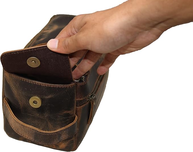 jaald Men's Genuine Leather Toiletry Bag Waterproof Shower Kit Shaving Bags And Grooming For Travel Groomsmen Gift Men Women Hanging Zippered Makeup Bathroom Cosmetic Pouch Case Make Up kit - Image 9