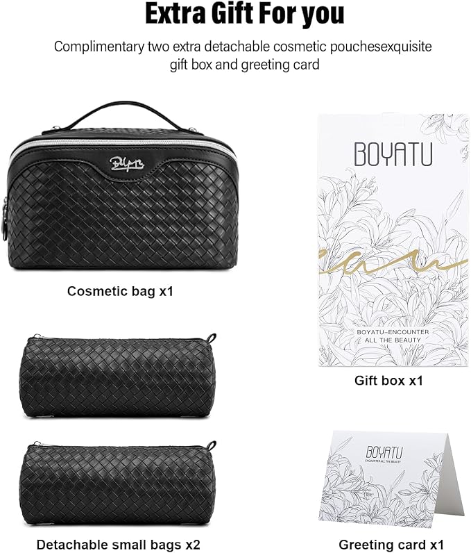 BOYATU Travel Makeup Bags for Women: 3 Pcs Large Make up Bags Set - Vegan Leather Cosmetic Bag for Traveling - Waterproof Toiletry Organizer (L05 Black) - Image 8