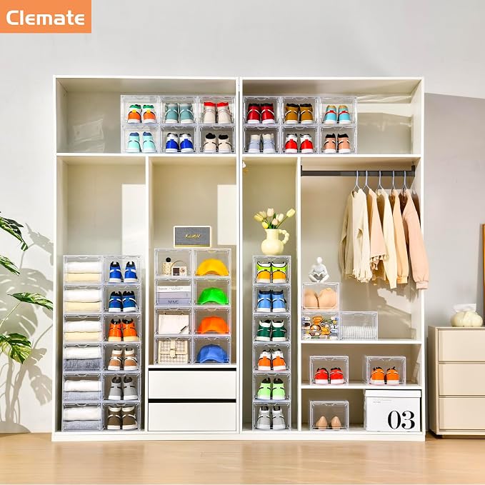 Clemate Upgraded X-Large Shoe Organizer,Shoe Storage Organizer,12 Pack,Shoe Box Clear Plastic Stackable,Drop Front Shoe Box with Clear Door, Shoe Containers For Sneaker Display,Fit up to US Size12 - Image 9