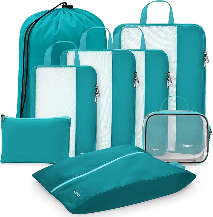Gonex 8 Set Compression Packing Cubes, Expandable Mesh Organizer for Travel Accessories, Essentials With Toiletry, Laundry, Shoe, Cable Bags for Suitcases, Blue - Image 9