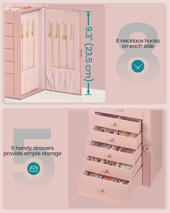 SONGMICS Jewelry Box Organizer, 6-Layer with 5 Drawers, Jelly Pink | Jewelry Storage Case with Lock and Mirror, Large Storage Capacity, for Necklaces, Watches, Gift for Loved Ones UJBC152SA02S - Image 6
