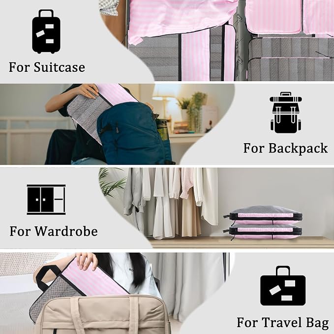 U+U 10 Set Compression Packing Cubes - Ultralight Pink Stripe Travel Organizers with Laundry Bag, Space-Saving Suitcase Organizer, Expandable Packing Cubes for Travel and Family Vacation (Pink Stripe) - Image 9