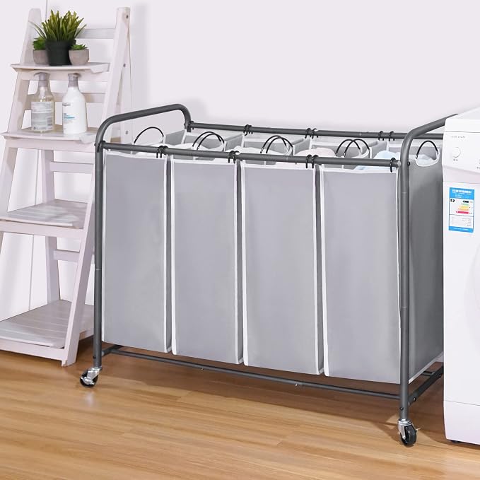 STO STO Laundry Sorter 4 Section, 4 Bag Clothes Hamper, Rolling Laundry Cart Basket with Heavy Duty Lockable Wheels and Removable Bag for Laundry Room, Bedroom, Closet, Gray - Image 7