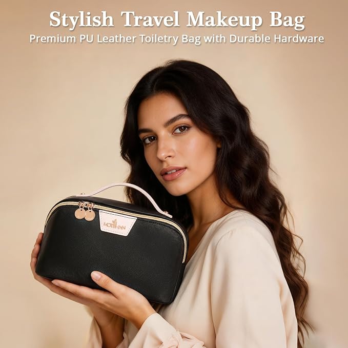 Travel Makeup Bag for Women: 3-in-1 Large Capacity Cosmetics Organizer with 2 Detachable Pouch - Vegan Leather Flat Open Toiletry Bag - Portable Travel Essentials for Full-Sized Bottles-Black - Image 9