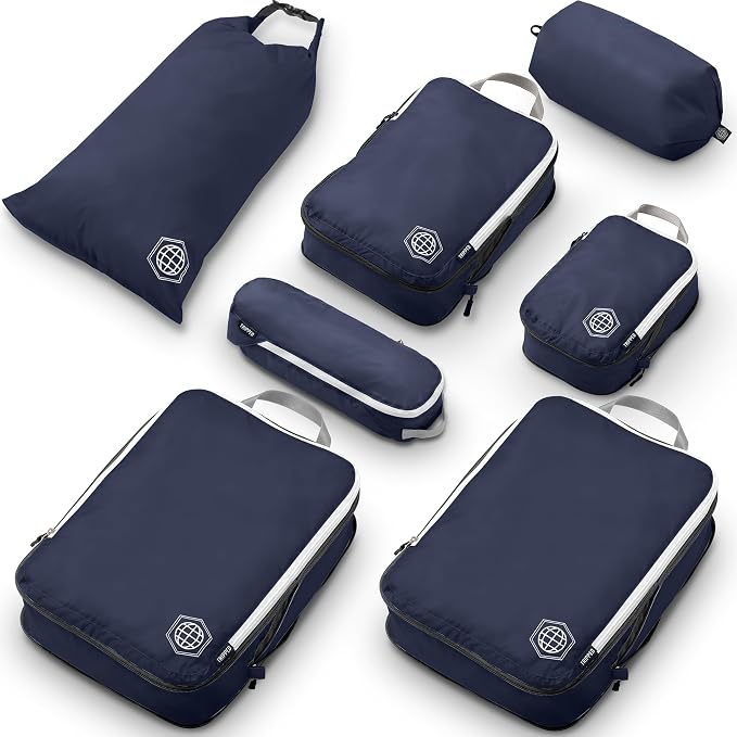 Large Compression Packing Cubes for Travel-Packing Cube Luggage Organizers 7 Piece Set for Checked Luggage-Ultralight, Expandable/Compression Bags by TRIPPED Travel Gear (Navy/White) - Image 9