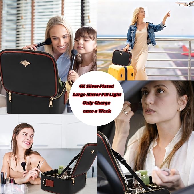 Travel Makeup Bag with Light Up Mirror, Portable Makeup Bag with Led Light Women Waterproof Makeup Travel Case adjustable dividers Rechargeable Vanity Mirror with 3 Color Lights (Black) - Image 7