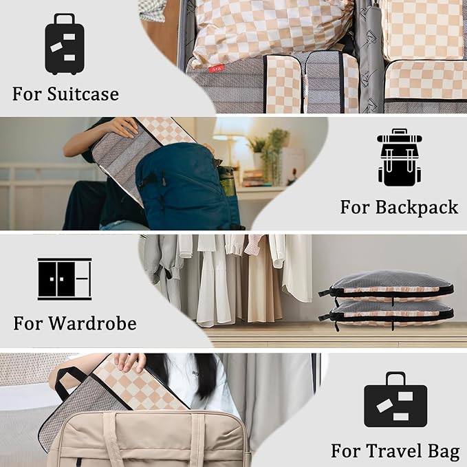 U+U 6 Set Compression Packing Cubes - Ultralight Travel Organizers with Laundry Bag, Space-Saving Suitcase Organizer for Travel, Business Trip and Family Vacation (Khaki Checkered) - Image 8