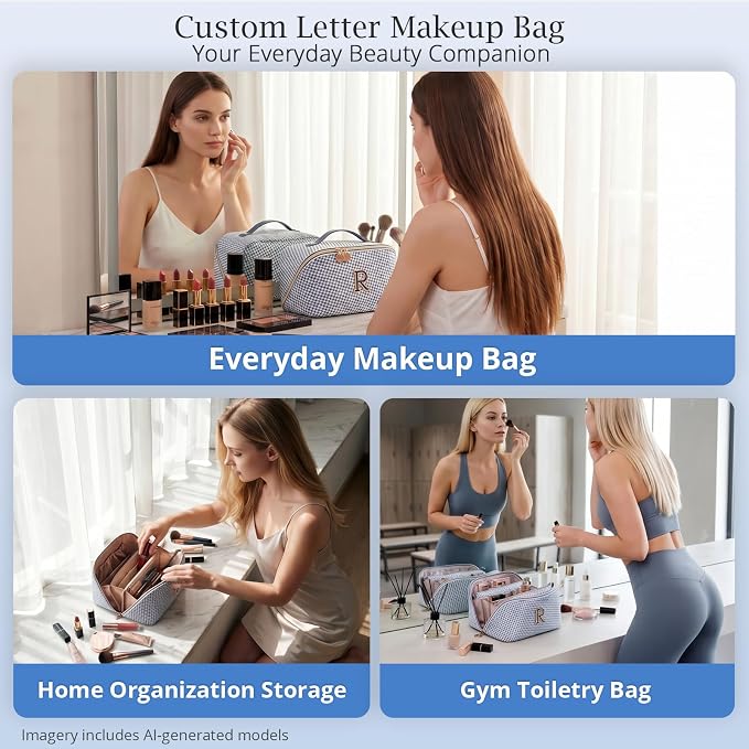 Personalized Gift Travel Makeup Bag: Initial Makeup Organizer Bag for Women | 3-in-1 Custom Make up Bag Set - Vegan Leather Travel Cosmetic Bag - Luxury Gift for Women – Birthday, Anniversary, Graduation - Image 9