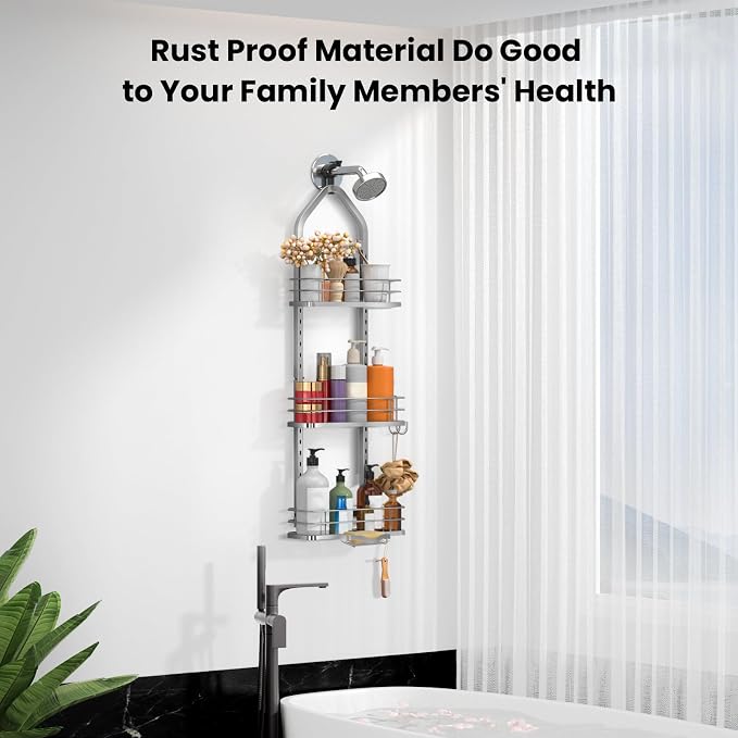 Shower Caddy Hanging (Silver), Adjustable Anti-Swing-Over The Shower Head Caddy, 3 Tier Height Bathroom Storage Organizer, Bathroom Shelves Basket Rack, Shower Caddies Rack with Adjustable Soap Basket - Image 8