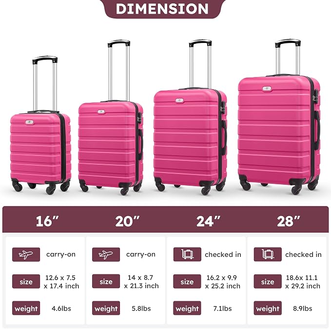 Suitour 4 Piece Luggage Sets, Hard Shell Suitcase Set with Spinner Wheels 16 20 24 28inch Travel Sets(Rose Red) - Image 9