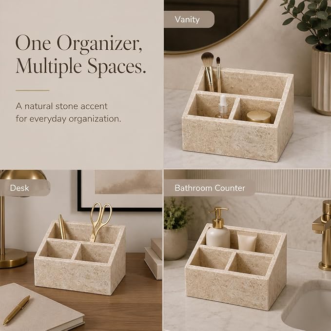 Travertine 3-Compartment Desk Organizer, Beige | Natural travertine with 3 compartments for pens, makeup brushes, skincare bottles, office supplies and vanity items - Image 8