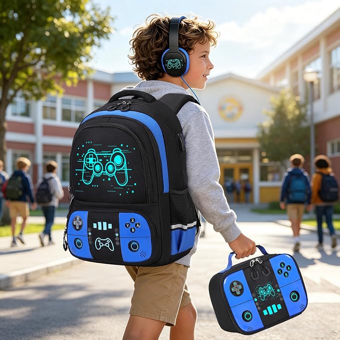 Bevalsa Backpack for School Boys,Cool Luminous Gamer Boys Backpacks with Wired Headphones Lunch Box Pencil Case,Kids Schoolbag for Kindergarten Elementary School(Blue Game Backpack with Headphones) - Image 9