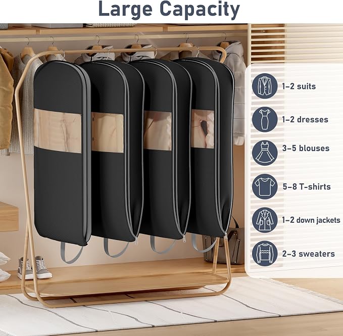 DIMJ 4 Pack 43" Space Saving Garment Bags for Hanging Clothes With Compression Zipper Carry Handles and Window, Washable Suit Bag for Dress, Clothes, Coats, Down Jacket, Closet, Moving, Travel - Image 7