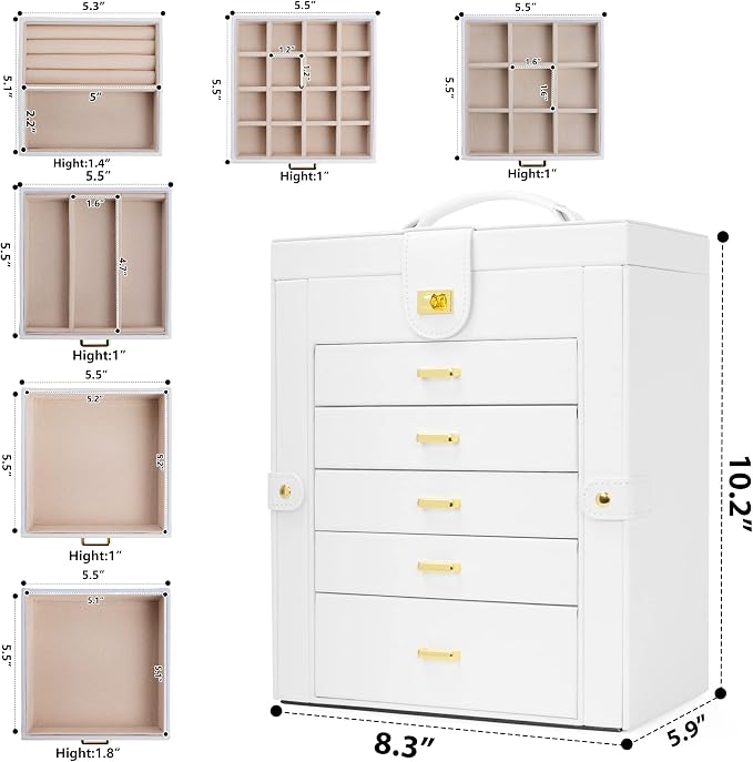 AKOZLIN 6-Tier Jewelry Box Organizer Functional 5 Drawers Leather Jewelry Storage Case for Women Girls Ring Necklace Earring Bracelet Holder Organizer with Mirror White Regular - Image 8